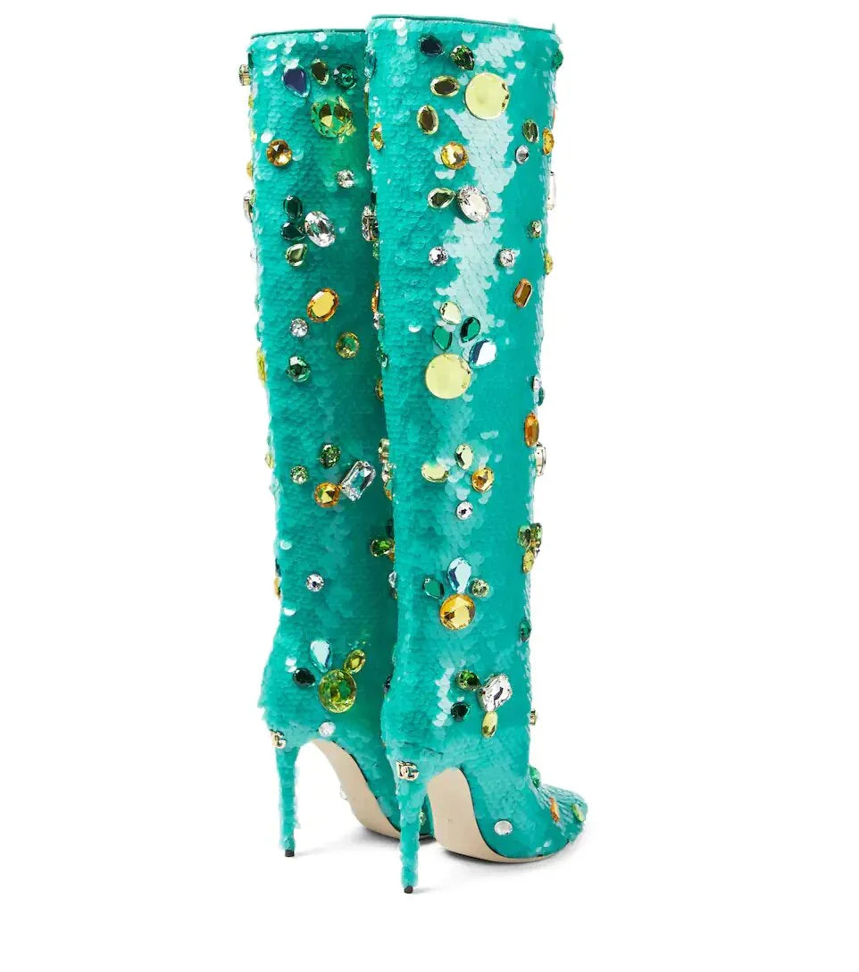 Turquoise knee-high boots with gemstone embellishments 