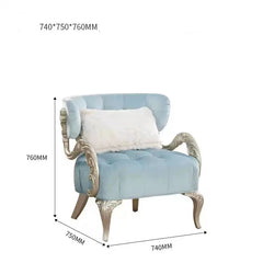 Light blue armchair with white cushion and decorative elements, shown with dimensions