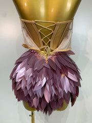 Purple Sequin Strapless Beaded Feather Mini Dress