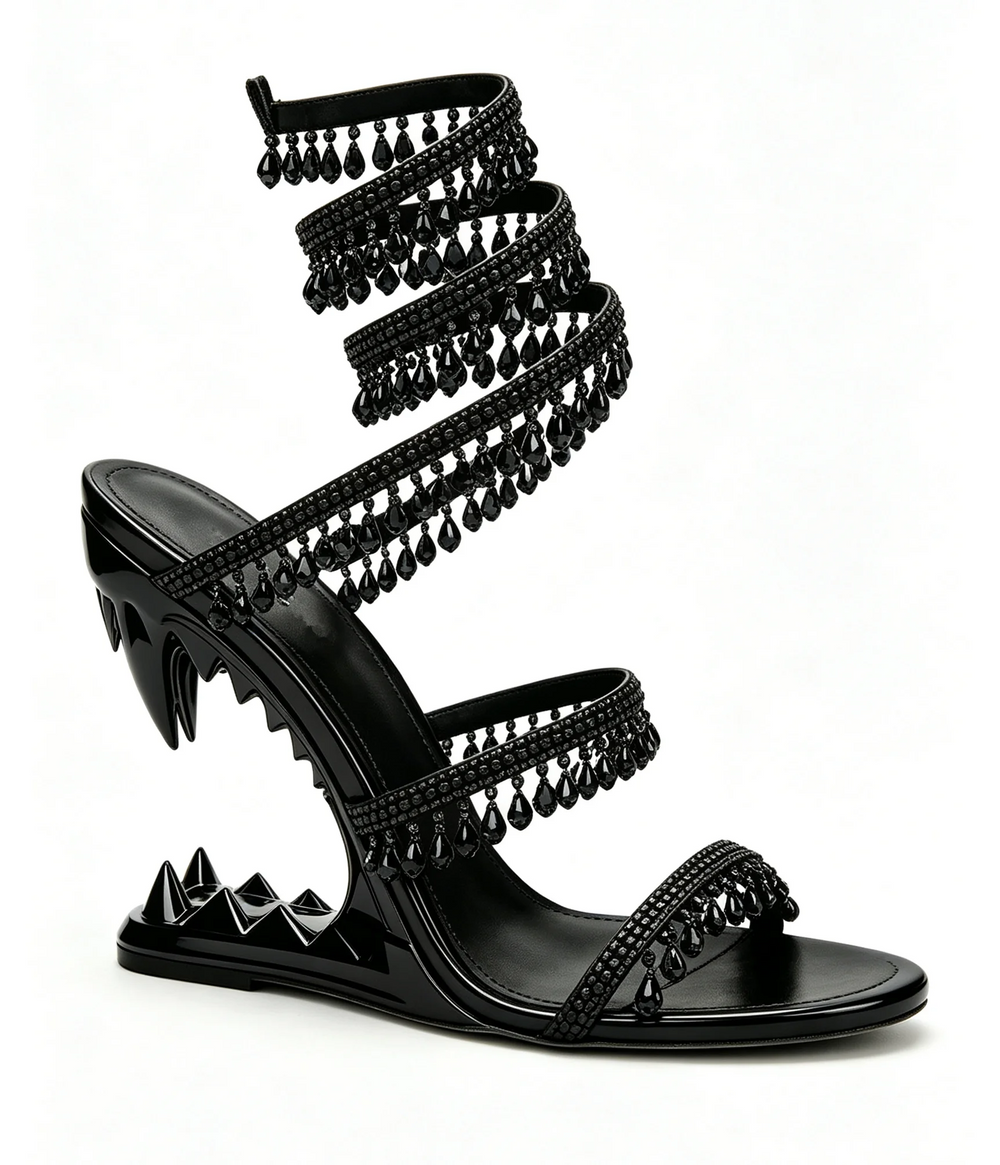 Black crystal cutout wedge heel sandals with wraparound ankle strap