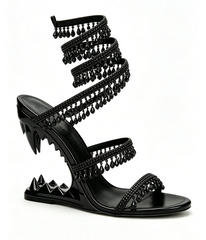Black crystal cutout wedge heel sandals with wraparound ankle strap