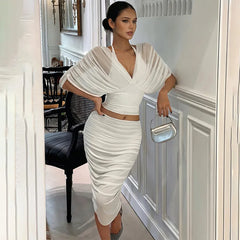 Draped Sleeve Crop Top and Ruched Midi Skirt Set