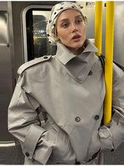 Grey Turn Down Collar Belted Short Trech Coat