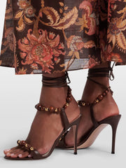 Dark brown beaded ankle strap stiletto sandals