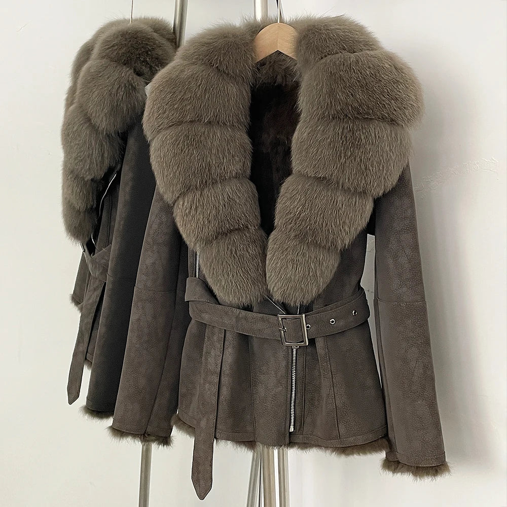 Side view of the belted suede jacket, showcasing the silhouette and fur details.