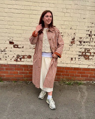 Red Gingham Lapel Long Trench Coat