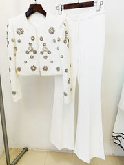 Pearls Diamonds Rhinestone Beaded Trim Jacket Flare Slit Pants Suit