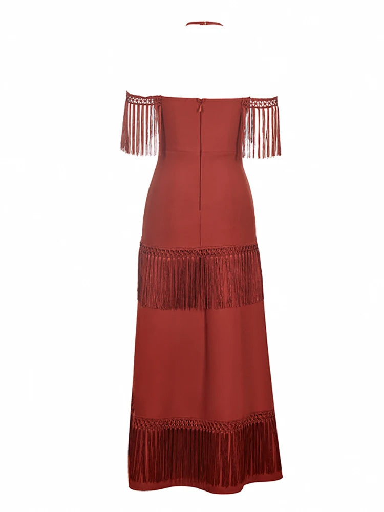 Red off-shoulder dress with fringe details on a white background