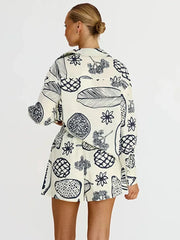 Fruit Printed Pockets White Shirt and Shorts Outfit Set