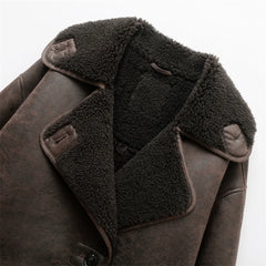 Lamb Wool Thickened Turn Down Collar Pockets Leather Jackets