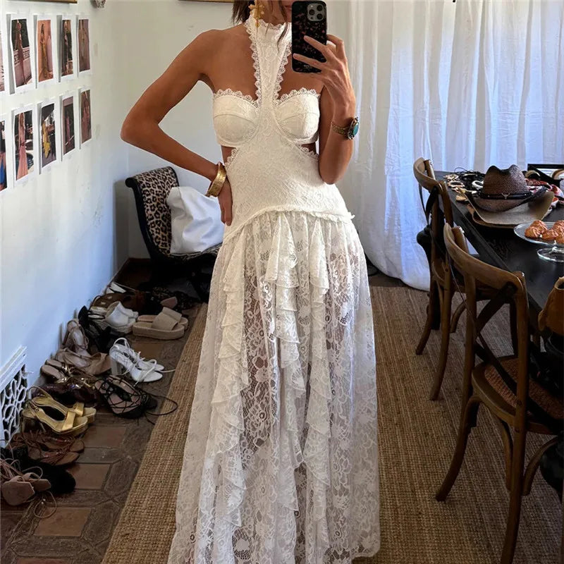 White lace halter neck maxi dress with ruffled skirt