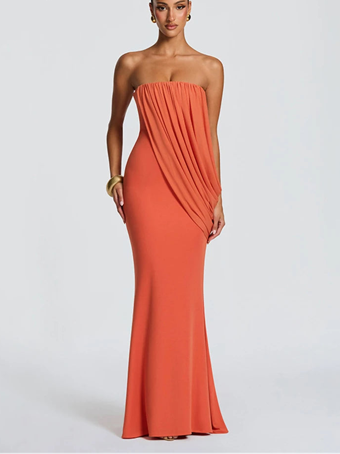 Orange draped strapless column maxi dress full body