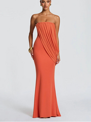 Orange draped strapless column maxi dress full body