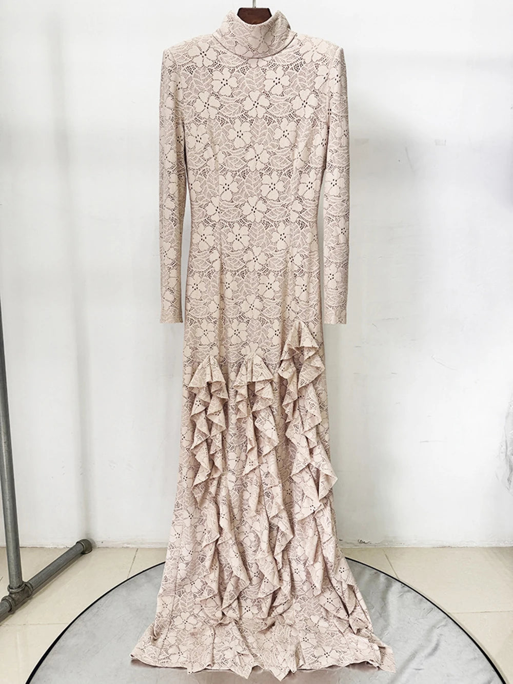 Lace turtleneck long sleeve ruffled maxi dress front on hanger