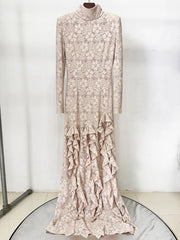 Lace turtleneck long sleeve ruffled maxi dress front on hanger