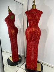 Red rhinestone mesh maxi dress