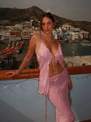 Mesh Irregular Ruffles Backless Tops and Long Skirts Suits
