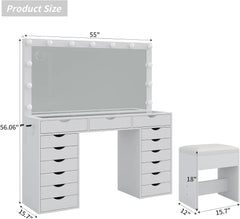 Vanity Desk with Mirror and Lights, Charging Station,15 Drawers