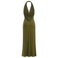 Green Satin Halter Neck Draped Gown
