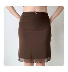 Brown mesh ruffle hem mini skirt front close-up