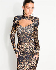 Leopard print high neck maxi dress detail