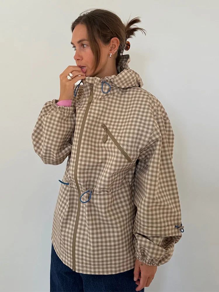Gingham hooded jacket with drawstring waist