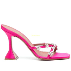 Hot pink embellished square toe heels