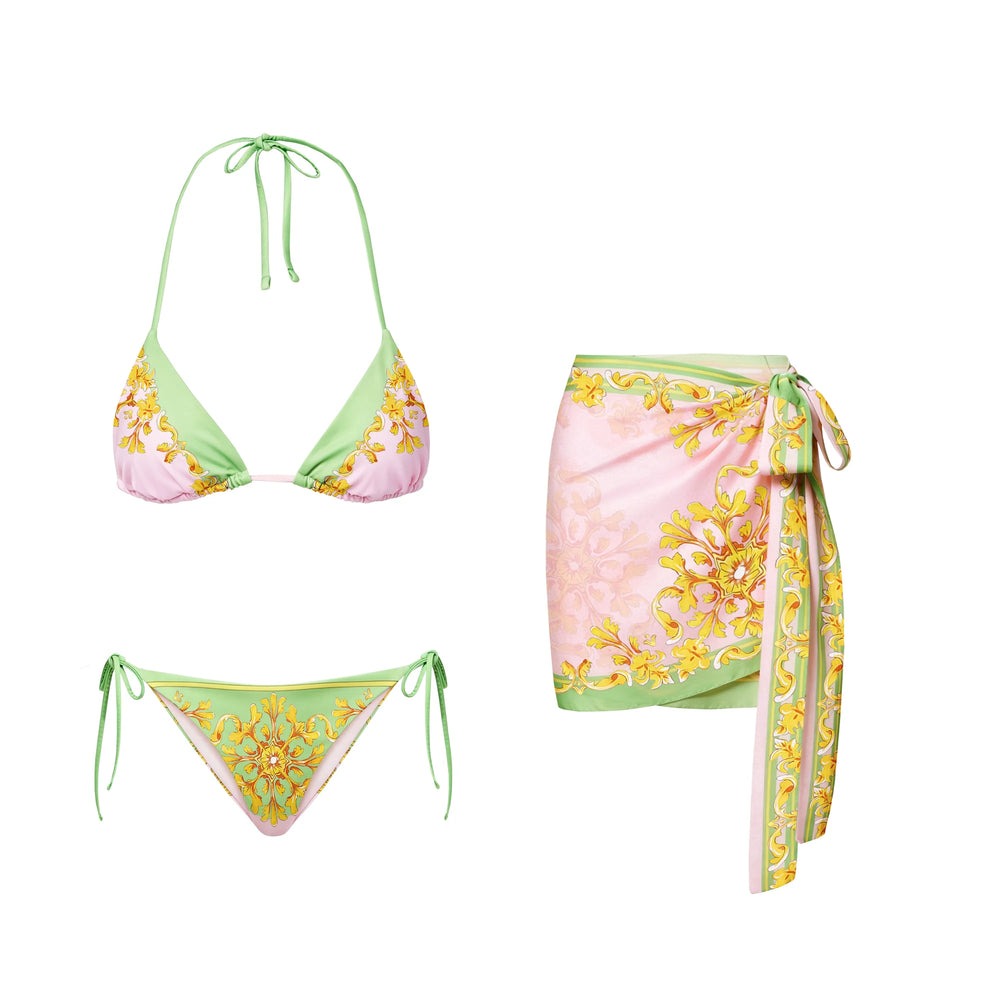 Two-piece bikini set and flared pants with baroque print.