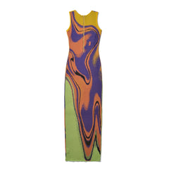 Abstract print sleeveless maxi dress laid flat