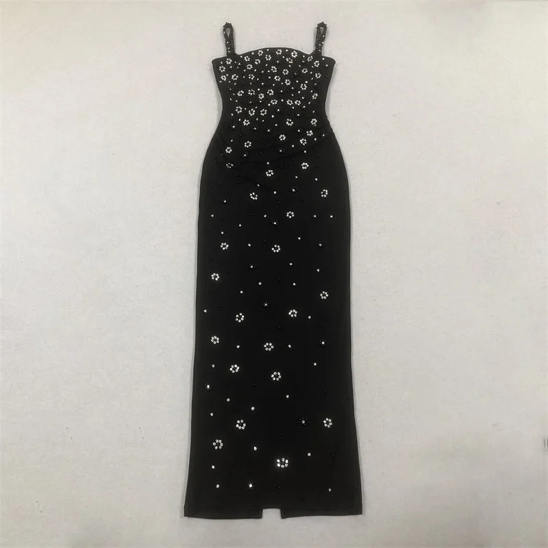 Flat lay of black embellished column gown