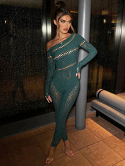 Off Shoulder Long Sleeve Rhinestones Jumpsuits