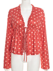 Red Polka Dot V neck Tie Front Top