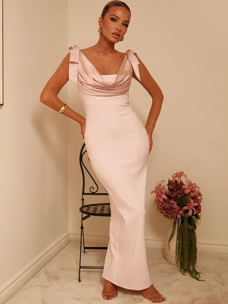 Pink draped cowl bow shoulder maxi dress