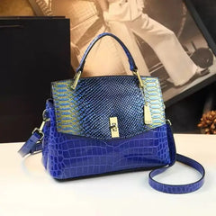 Blue embossed leather satchel bag with snake print flap