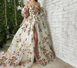 Open Shoulder Embroidered Mesh Long Skirt Prom Dresses