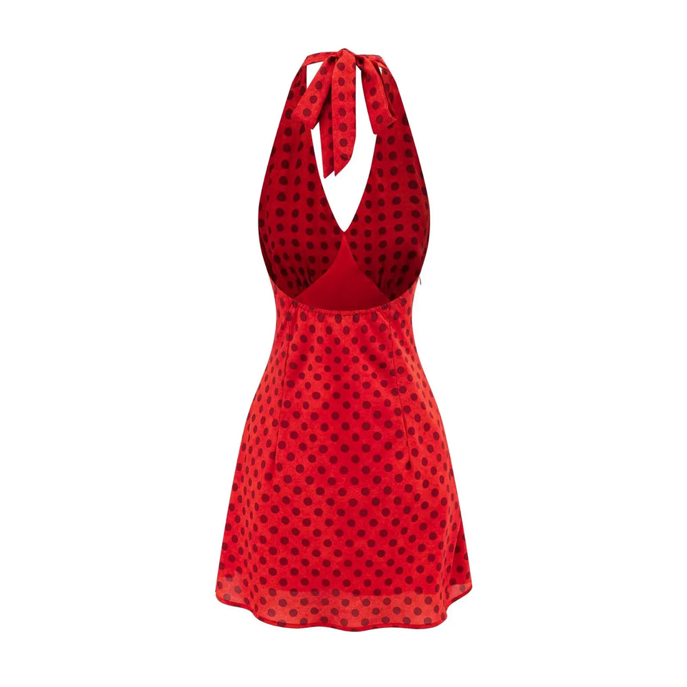 Red polka dot mini halter neck dress front view