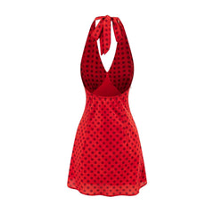 Red polka dot mini halter neck dress front view