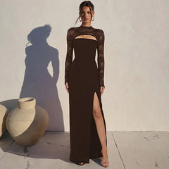 Mock Neck Lace Sheer Long Sleeve Maxi Dress