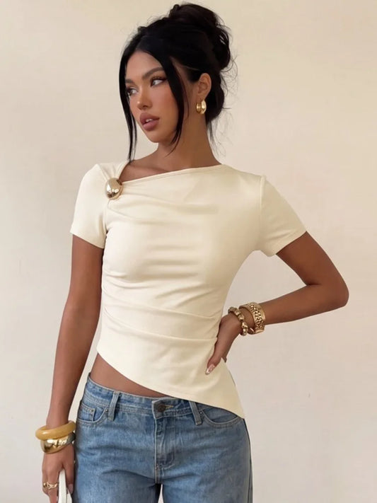 Apricot asymmetric neckline top with button detail and slim fit