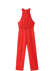 Red High Waist Jumpsuit Hanging Neck Sleeveless Playsuit