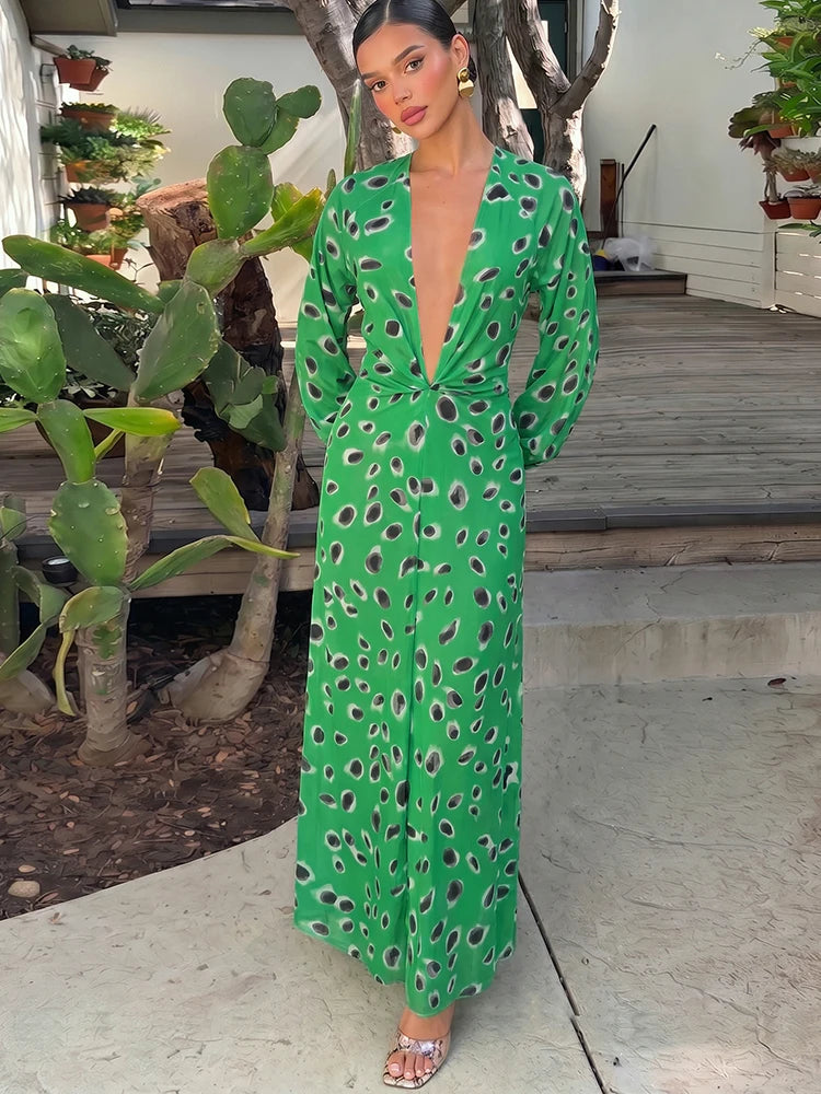 Abstract spot print V-neck maxi dress with long sleeves and high slit