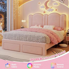 Pink LED light bed with star, moon, and cloud decorations on a wall.