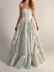 Strapless striped ruffled gown with cascading layers
