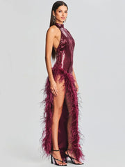 Halter Feather Sequin Backless Women's Wine Red Dress