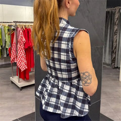 Check Peplum Knot Buttoned Top