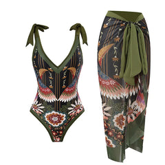 Tie-Strap V-Neck One-Piece Swimsuit with Matching Sarong Set