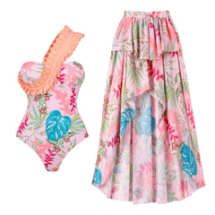 V-Neck Tie-Strap Swimsuit and Wrap Skirt Set