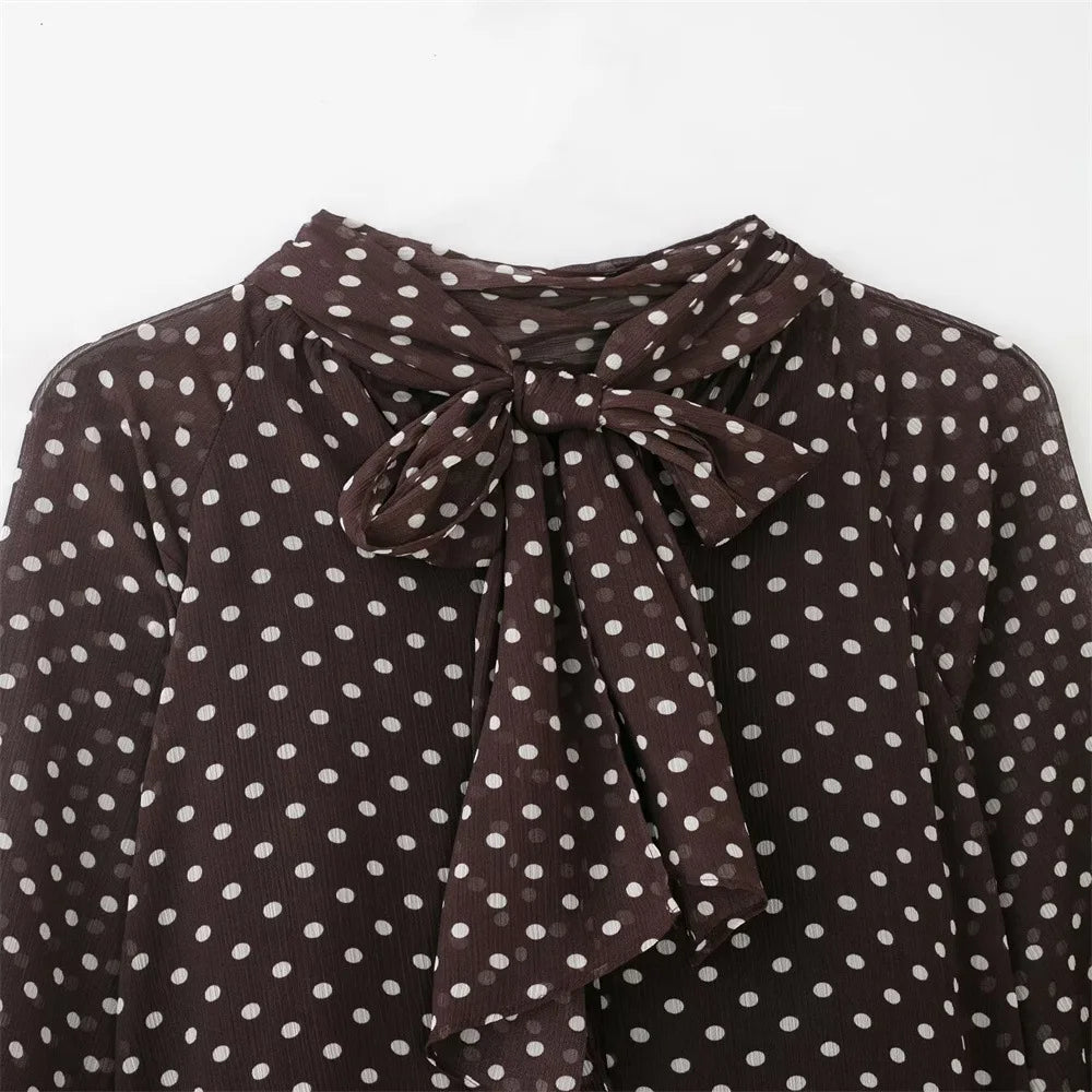 Brown blouse with white polka dots and a bow neckline on a white background