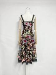 Black Floral Embroidered A-line Midi Dress