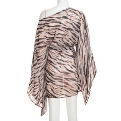 One Shoulder Zebra Print Mesh Mini Dress